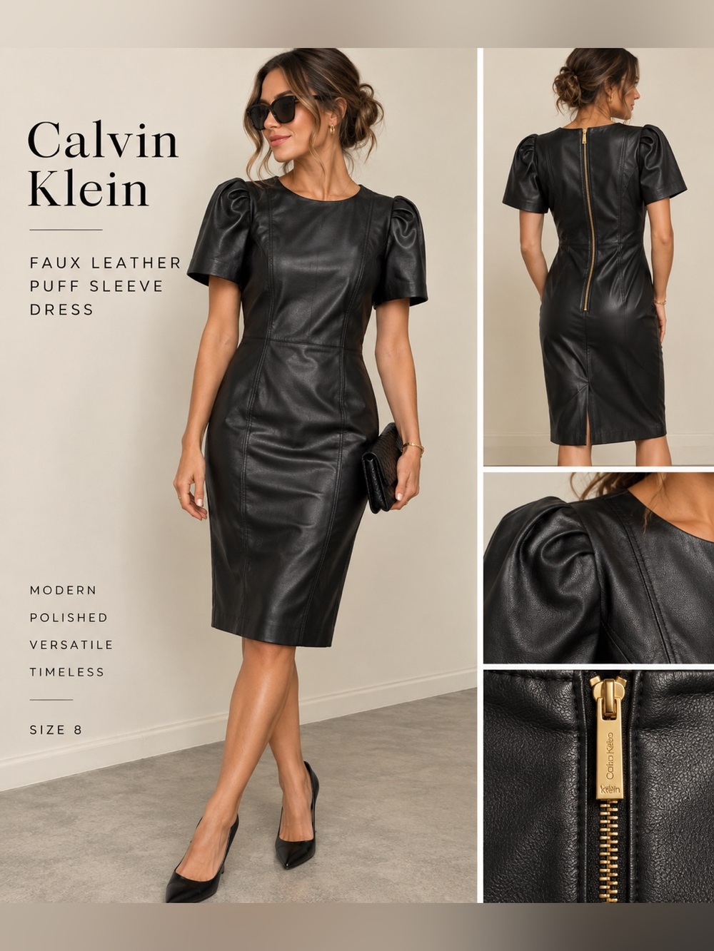 Calvin Klein Black Faux Leather Puff Sleeve Midi Sheath Dress Size 8 - Picture 2 of 9